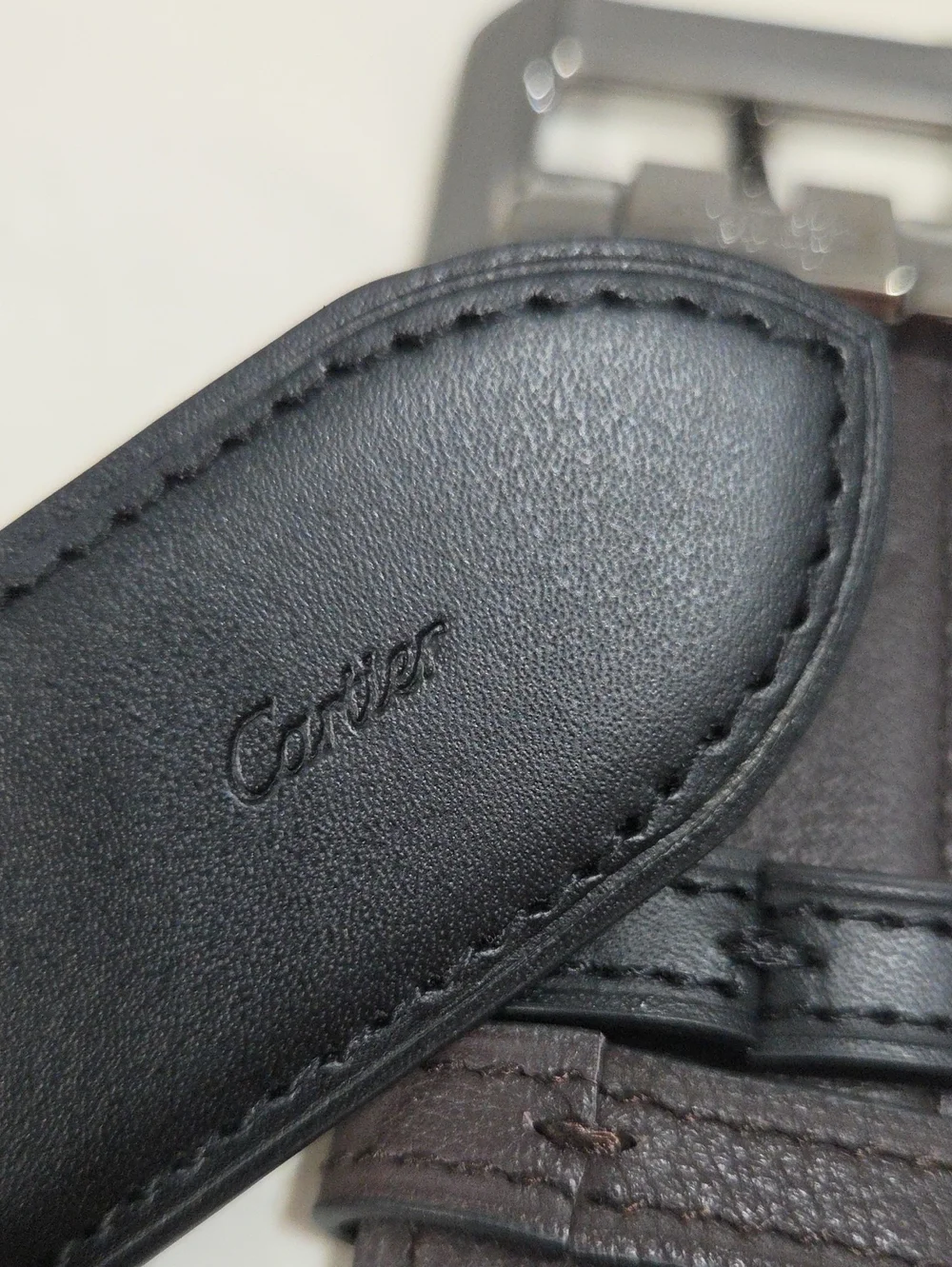 Cartie Santos Reversible Black Brown Leather Belt Dark Chrome Buckle